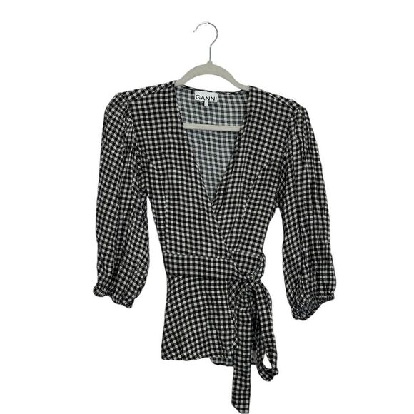GANNI Gingham Wraparound Top Blouse - Picture 5 of 8